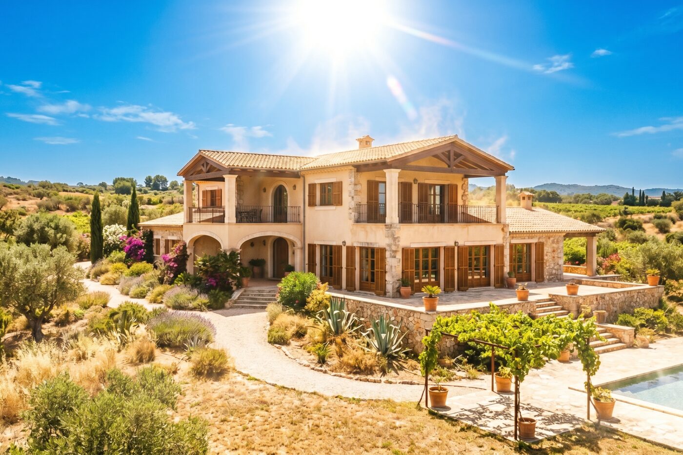 A Mediterranean villa under blazing midday sun on a hot summer day.